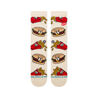 Beige socks with cartoon burgers and fries design on a white background