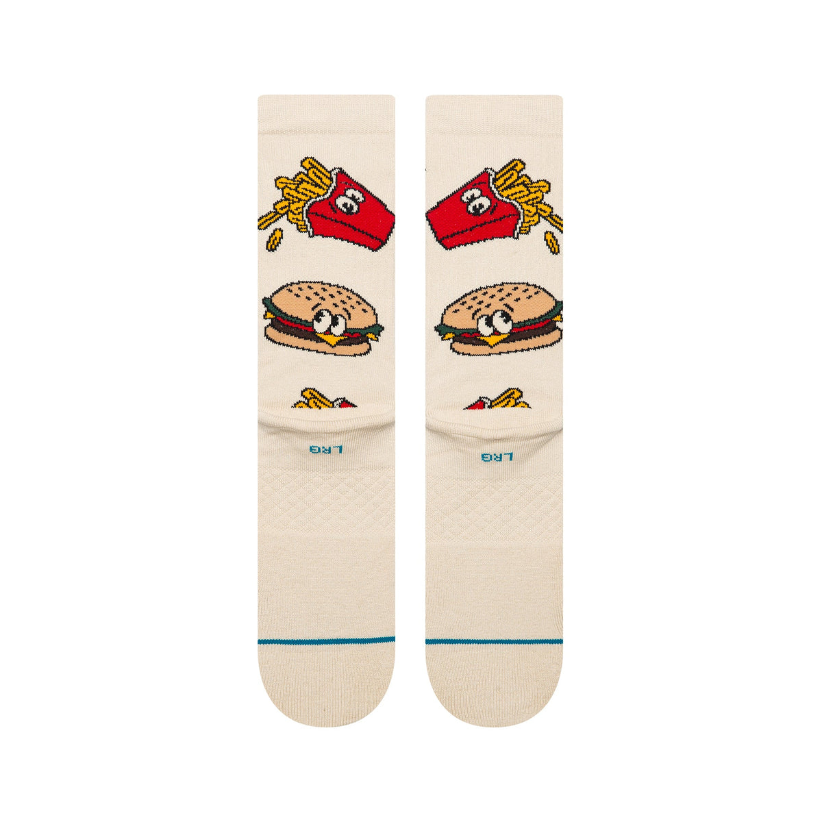 Beige socks with cartoon burgers and fries design on a white background