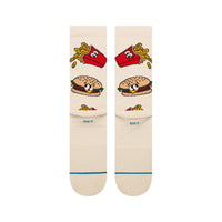 Beige socks with cartoon burgers and fries design on a white background
