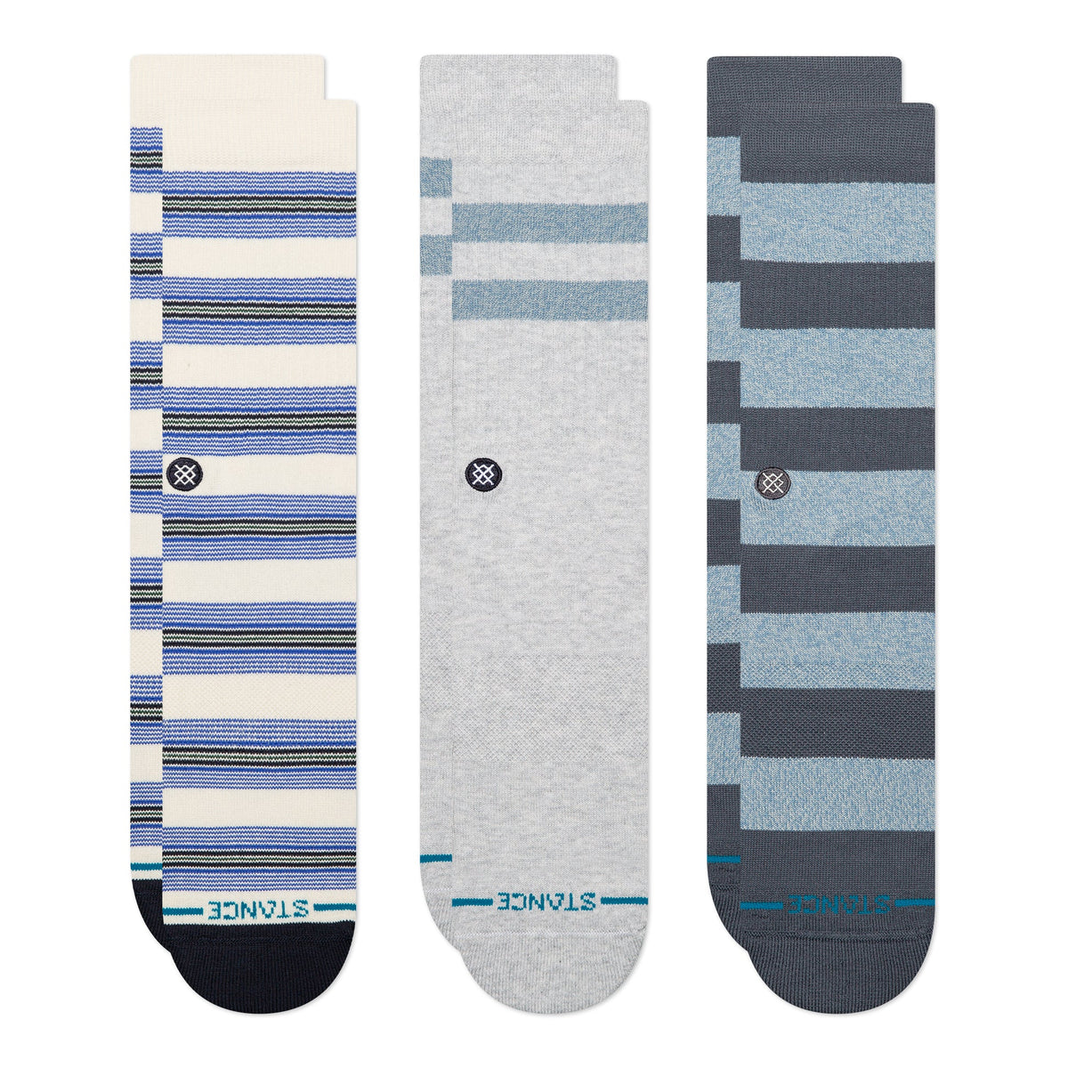 Three pairs of striped socks in blue, gray, and white on a white background