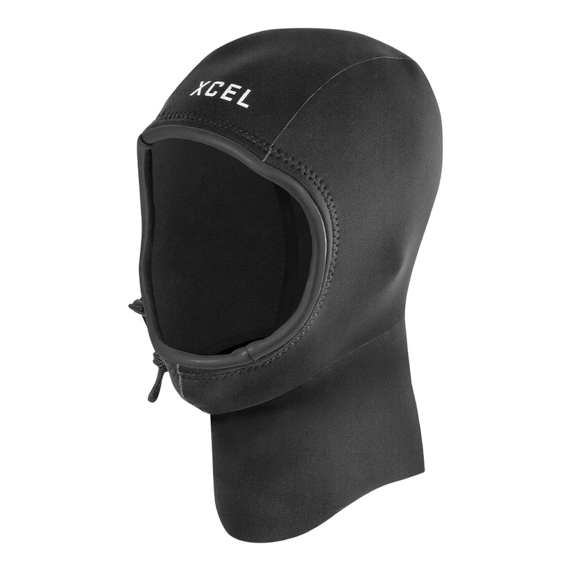 A black XCEL men's wetsuit hood with a 2mm thickness, featuring a contoured design and a brand logo on the front.