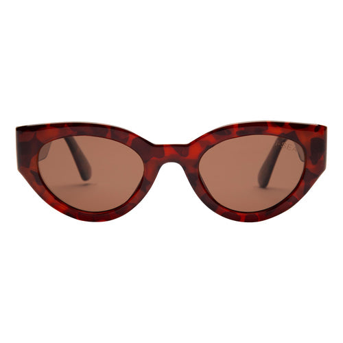 Sunglasses with tortoiseshell frame and brown lenses on a white background