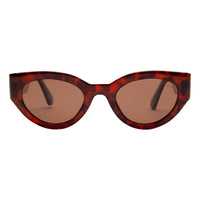 Sunglasses with tortoiseshell frame and brown lenses on a white background