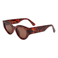 Sunglasses with tortoiseshell frame and brown lenses on a white background