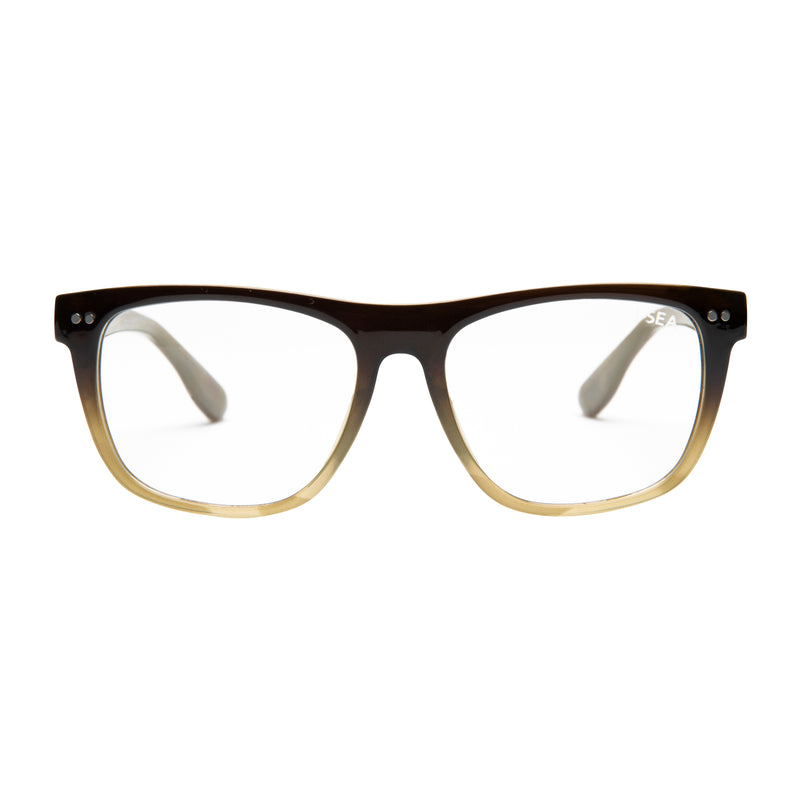 Eyeglasses with a black and gold frame on a white background