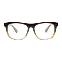 Eyeglasses with a black and gold frame on a white background