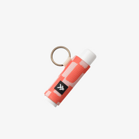 Keychain with a checkered pattern and a logo on a white background