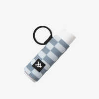 Checkered towel with a black ring and logo on a white background