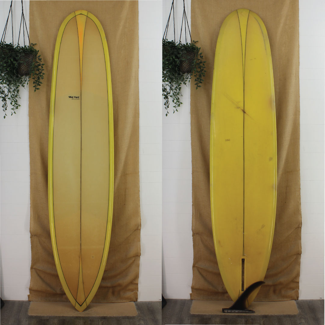 USED Vintage Hot Curl 8'10" Poly Long Board yellow resin color and "hot curl" Stringer