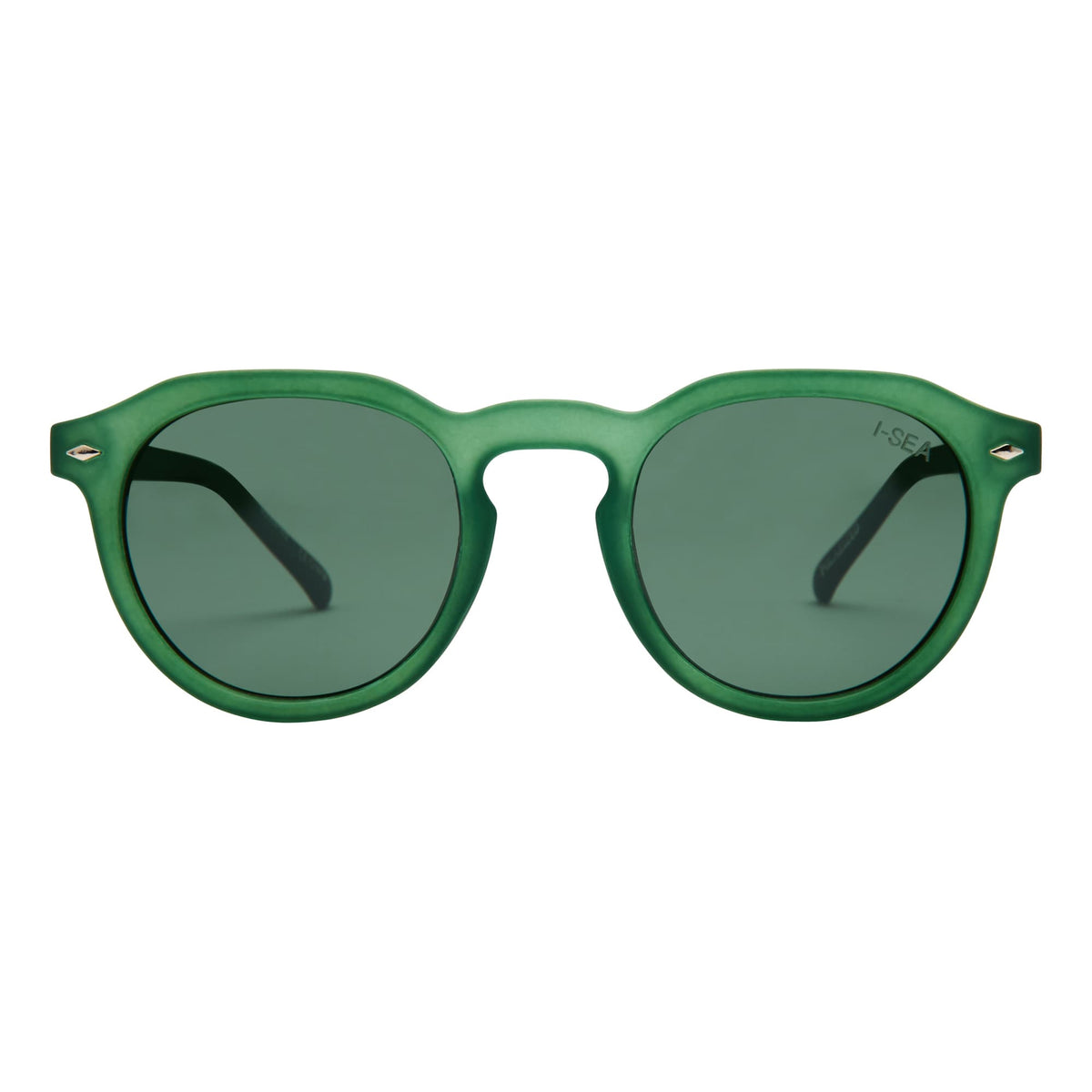 Sunglasses with green rim and tint on a white background