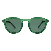 Sunglasses with green rim and tint on a white background