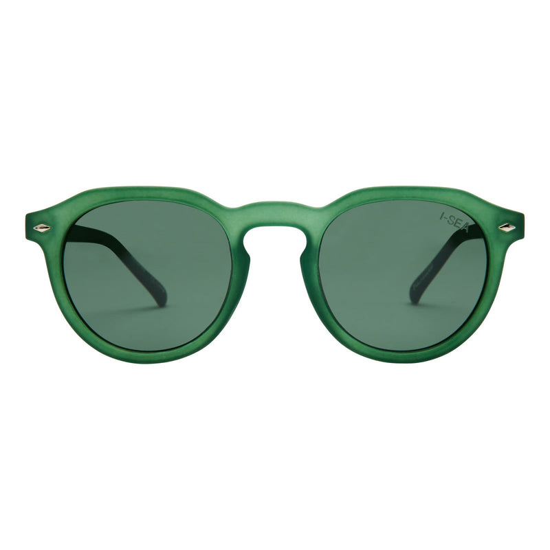 Sunglasses with green rim and tint on a white background