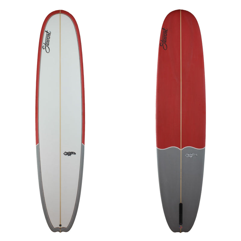Stewart 10'0" Bird Longboard with red rails on nose and grey rails on tail with black pin line on deck and red nose dip and grey tail dip on bottom (10'0", 24", 3 1/2") B#127556