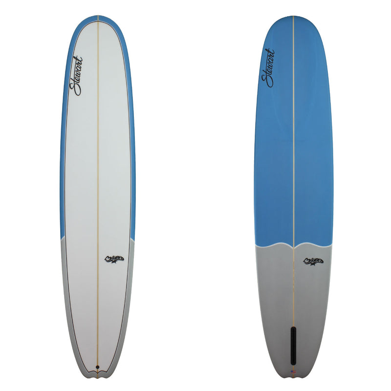 Stewart 9'4" Bird Longboard with blue and grey rails on deck and blue and grey on bottom (9'4", 23 1/2", 3 1/4") B#128091