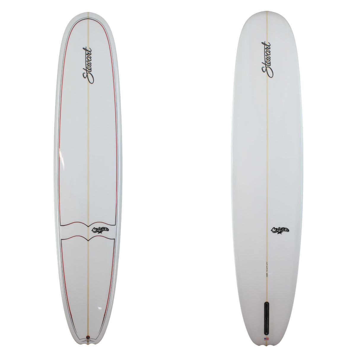 stewart bird long board nose rider with gloss finish and double pin line red/black 