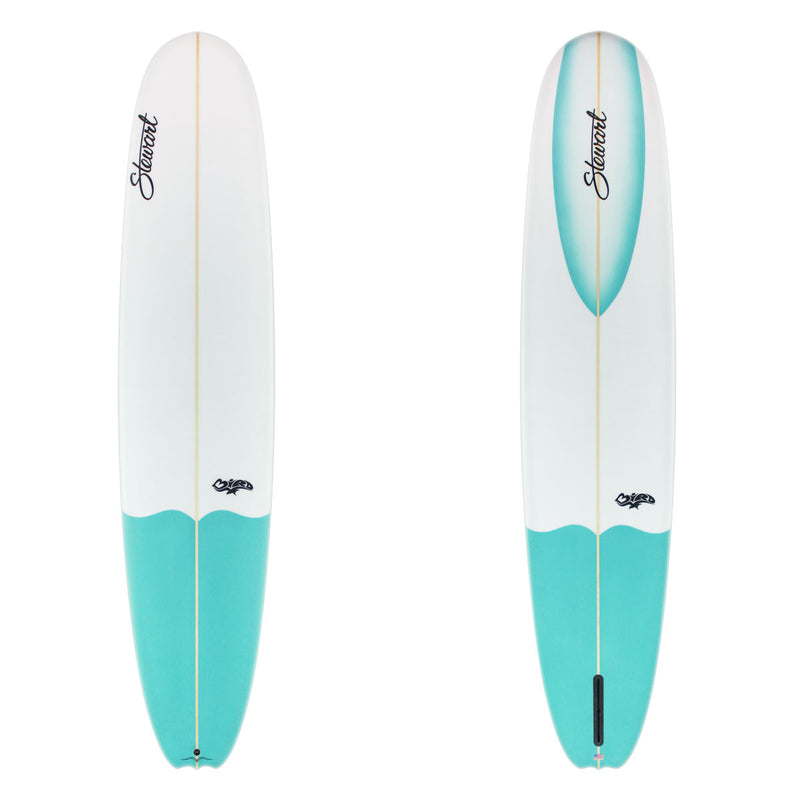 Stewart Longboard 9'0" Bird (9'0", 23", 3") B#128728 with a light blue tail dip on the top and bottom and light blue fade on the spoon of the nose on the bottom 