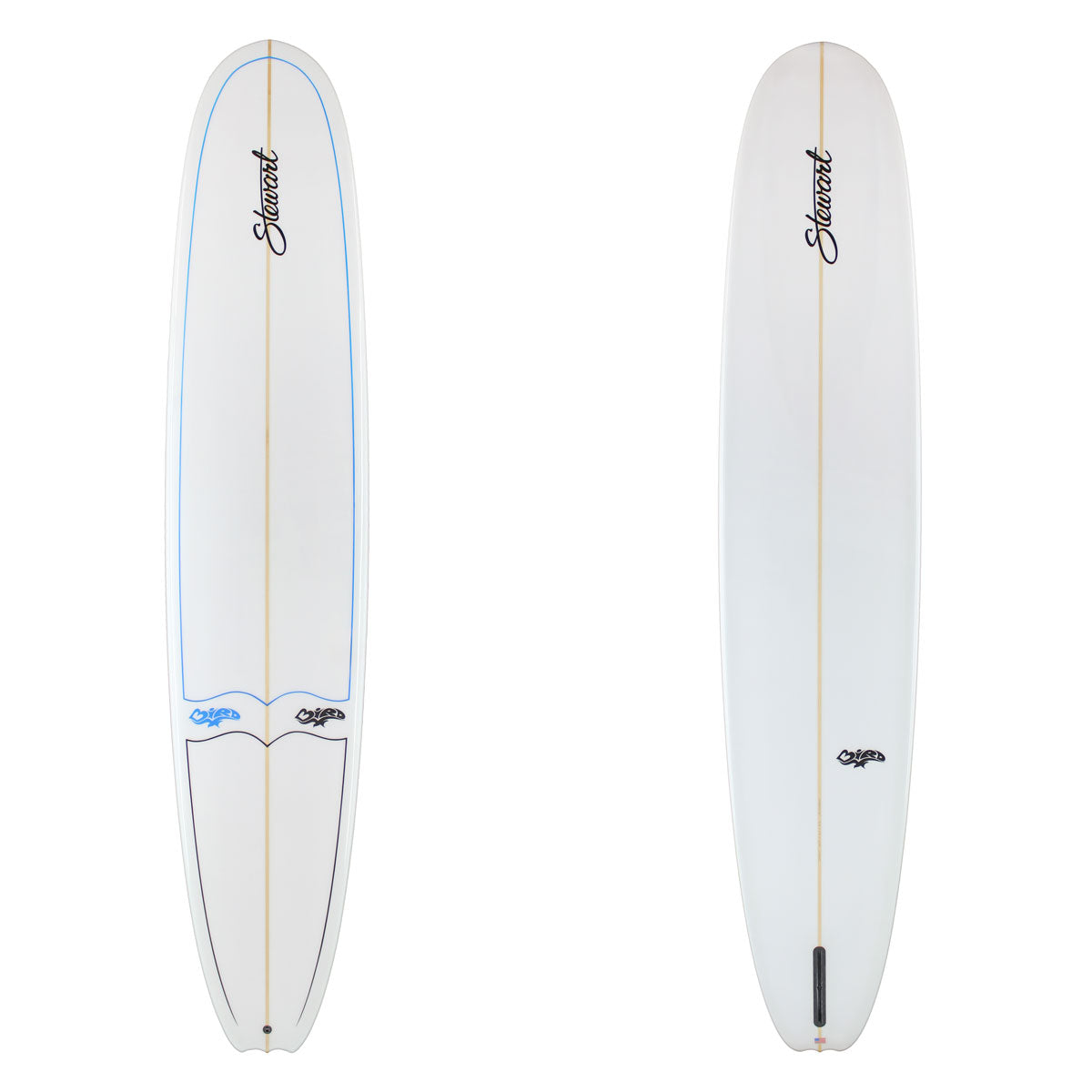 Two white surfboards with branding on a white background