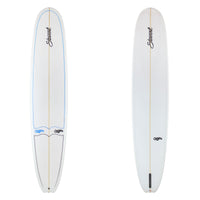 Two white surfboards with branding on a white background