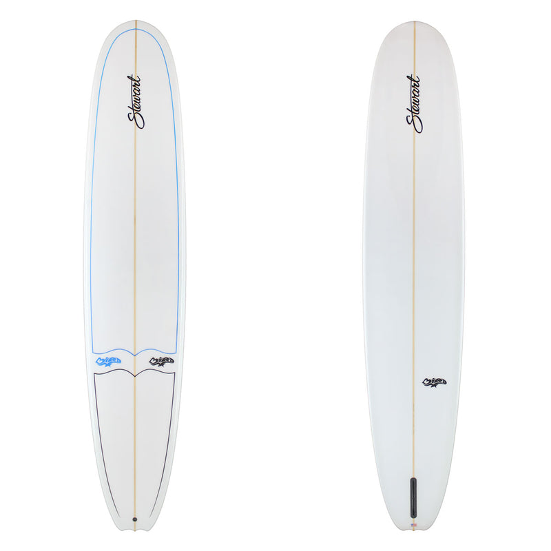 Two white surfboards with branding on a white background