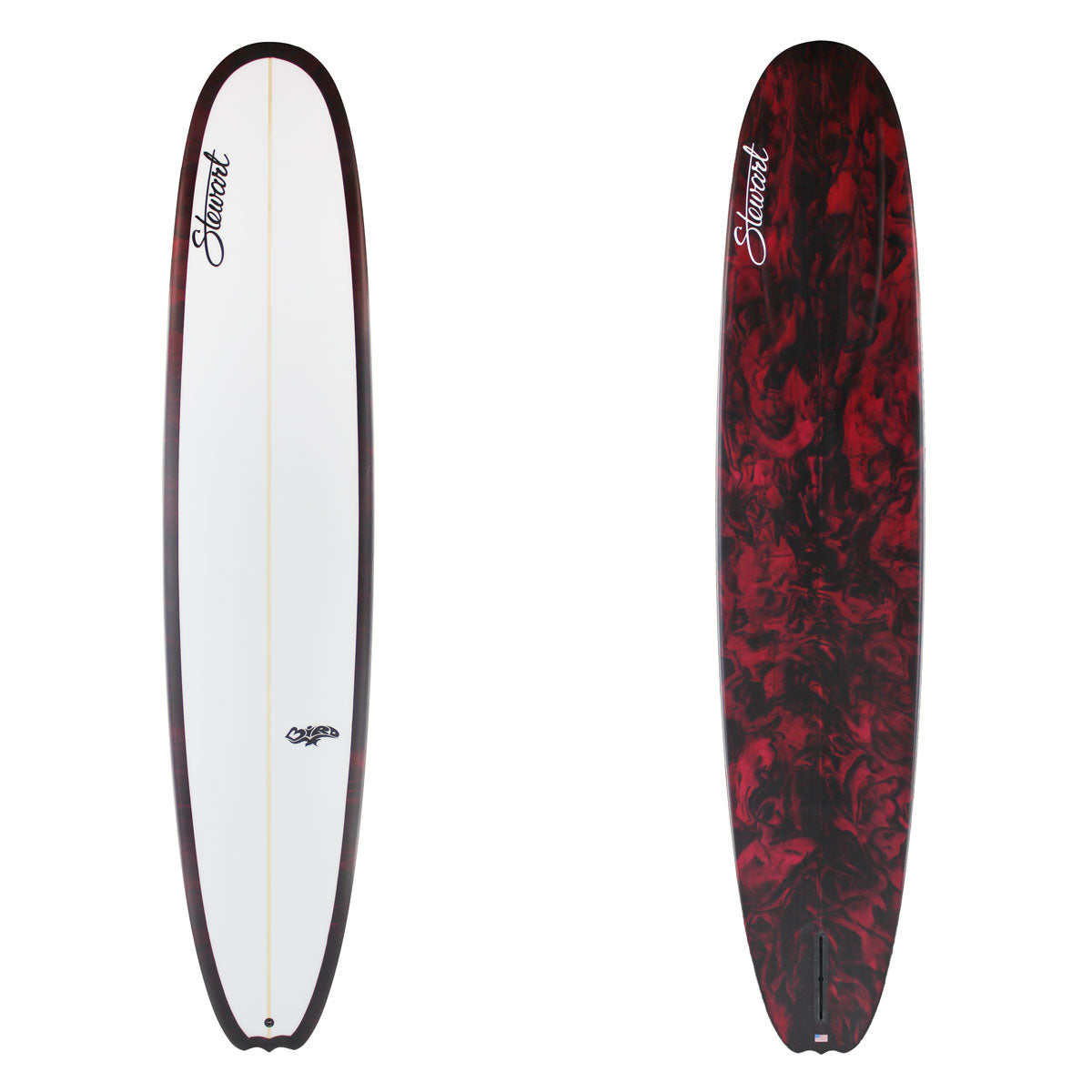 Stewart Longboard 9'4" Bird (9'4", 23 1/2", 3 1/4") B#129327 with a black and red resin swirl an the bottom and rails