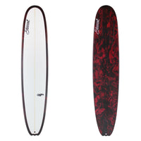 Stewart Longboard 9'4" Bird (9'4", 23 1/2", 3 1/4") B#129327 with a black and red resin swirl an the bottom and rails