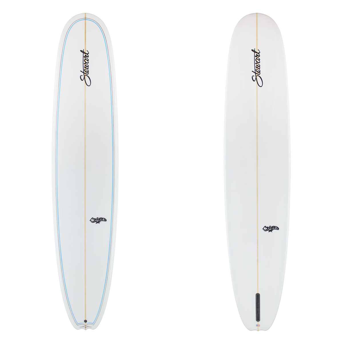Stewart Longboard 9'4" Bird (9'4", 23 1/2", 3 1/4") B#129345 Gloss & Polished with a blue and black pin line on the deck