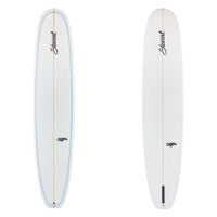 Stewart Longboard 9'4" Bird (9'4", 23 1/2", 3 1/4") B#129345 Gloss & Polished with a blue and black pin line on the deck