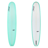 Two views of a teal and white surfboard with branding on a white background