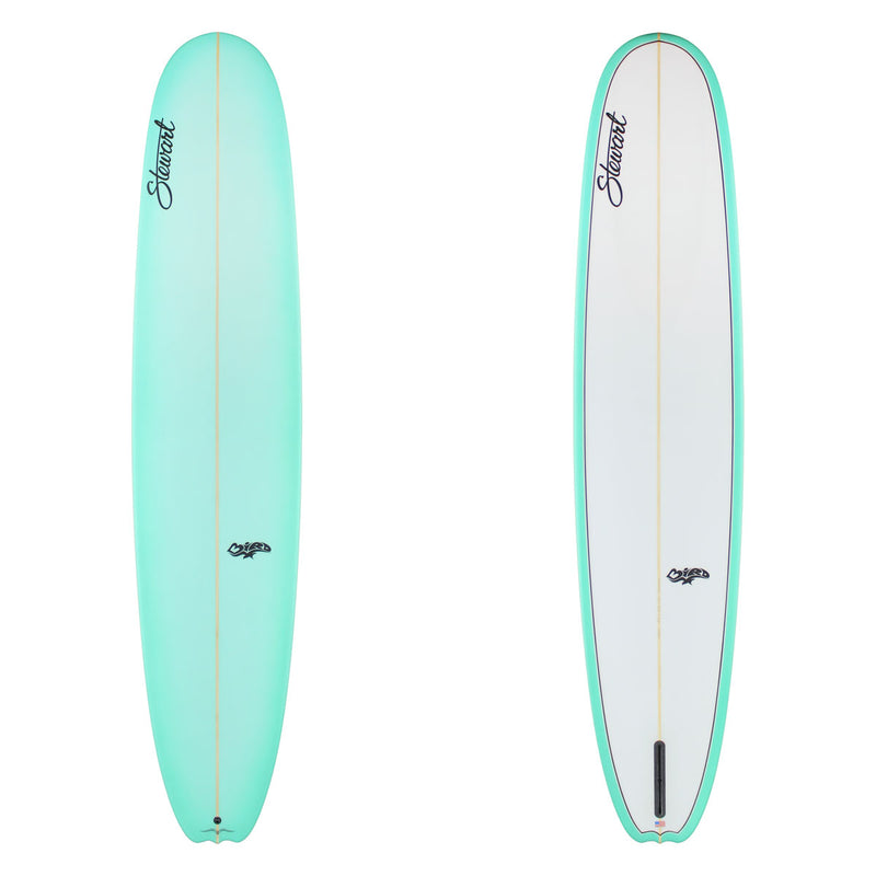 Two views of a teal and white surfboard with branding on a white background