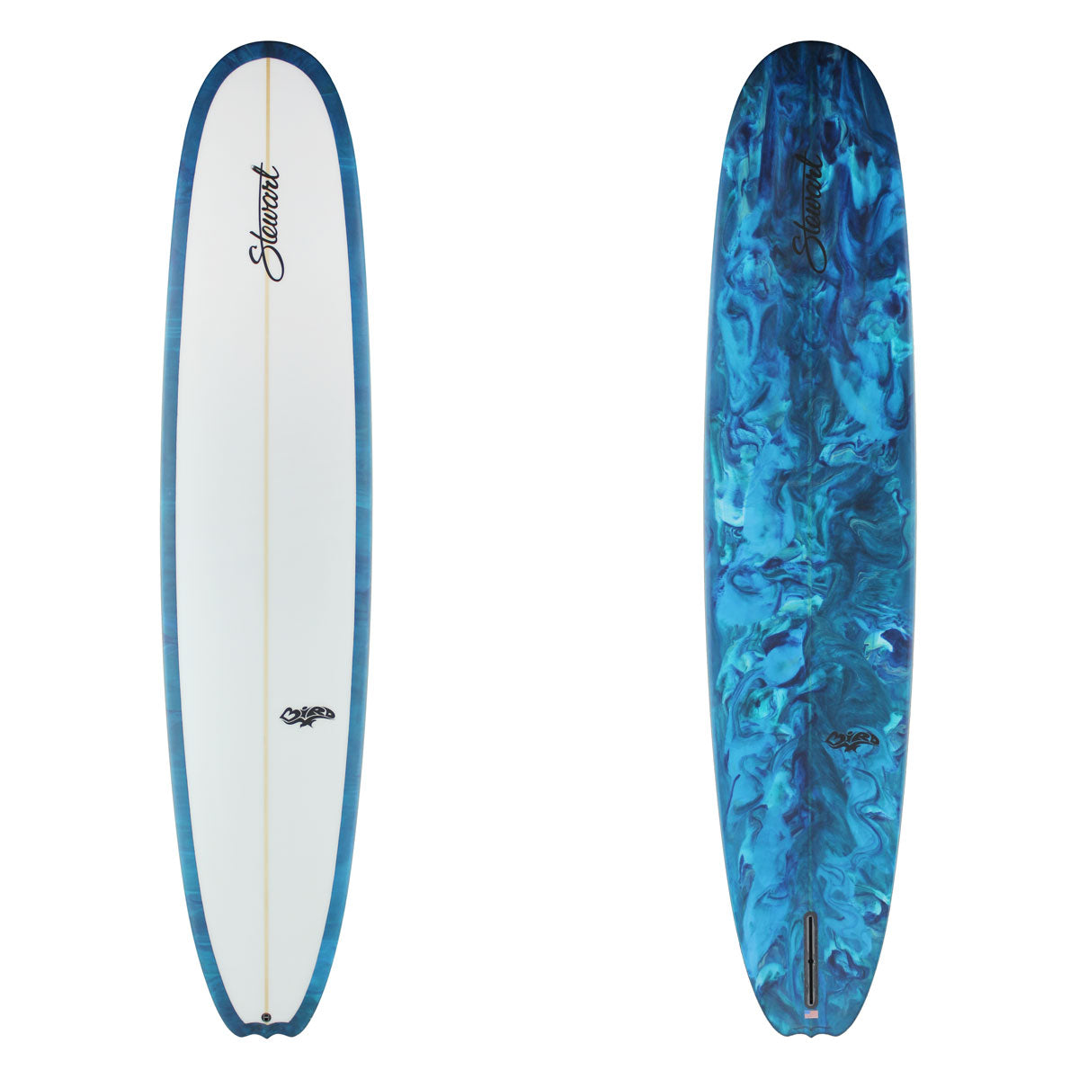 Blue and white surfboard with a visible brand logo on a white background