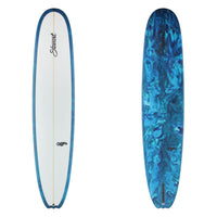 Blue and white surfboard with a visible brand logo on a white background