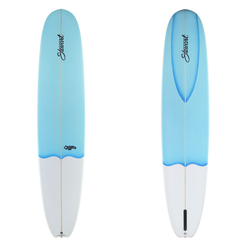 Two blue and white surfboards with a brand logo on a white background