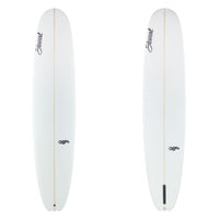 two images of a white surfboard. The top is white with black branding. the bottom is white with black branding.