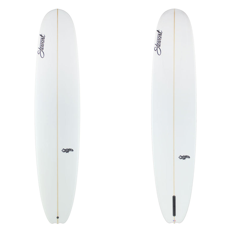 two images of a white surfboard. The top is white with black branding. the bottom is white with black branding.