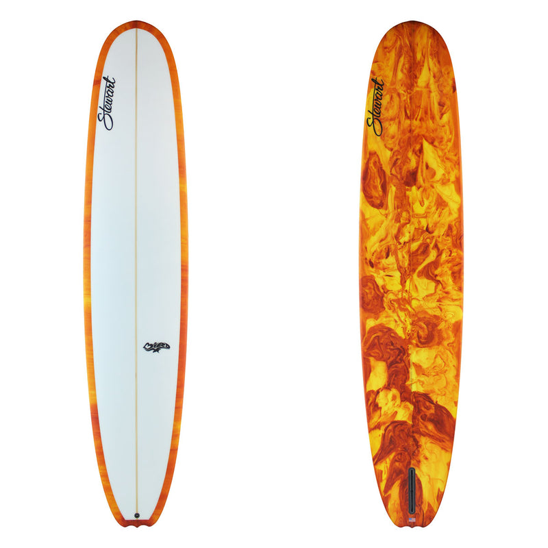 Stewart Longboard 9'6" Bird (9'6", 23 3/4", 3 1/4") B#129639 with a red and orange resin swirl on the bottom and rails