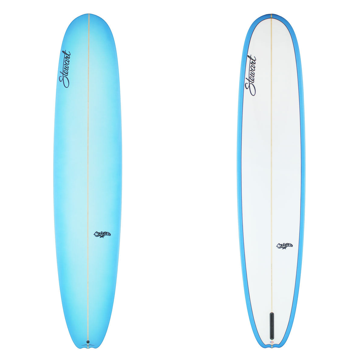 Stewart Longboard 9'8" Bird (9'8", 23 3/4", 3 3/8") B#129723 Light blue resin tint on deck to rail wrap. Clear bottom. Black Stewart and Bird Logo. Sand Only.
