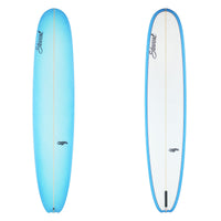 Stewart Longboard 9'8" Bird (9'8", 23 3/4", 3 3/8") B#129723 Light blue resin tint on deck to rail wrap. Clear bottom. Black Stewart and Bird Logo. Sand Only.