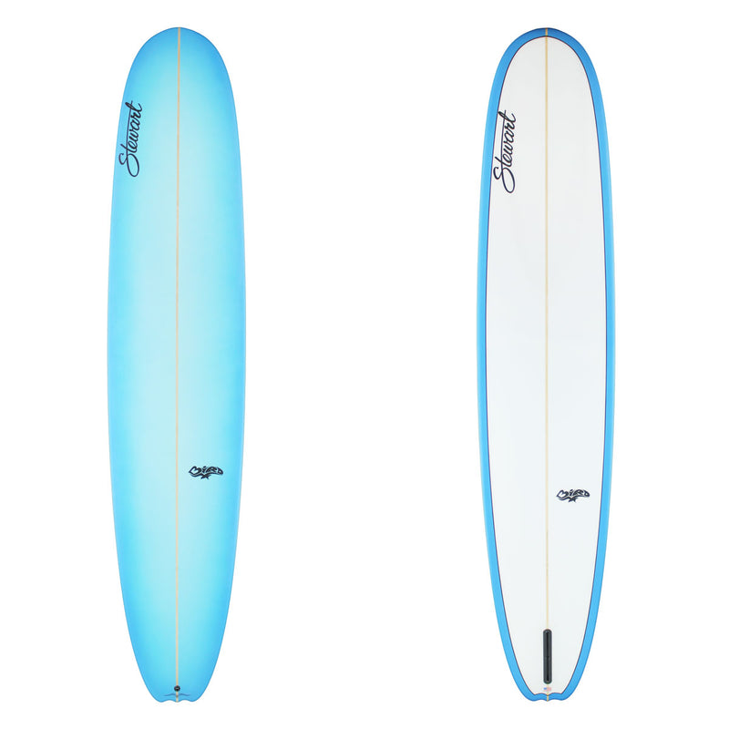 Stewart Longboard 9'8" Bird (9'8", 23 3/4", 3 3/8") B#129723 Light blue resin tint on deck to rail wrap. Clear bottom. Black Stewart and Bird Logo. Sand Only.