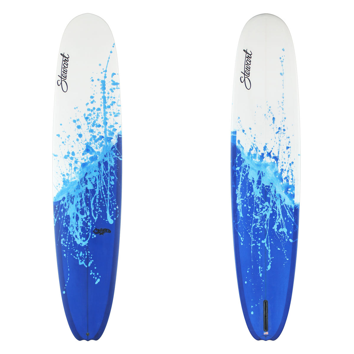 Two views of a surfboard with a white top half and a blue splash gradient bottom half, featuring the brand name 'Stuart' printed near the nose.