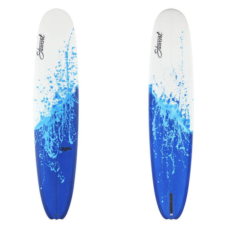 Two views of a surfboard with a white top half and a blue splash gradient bottom half, featuring the brand name 'Stuart' printed near the nose.