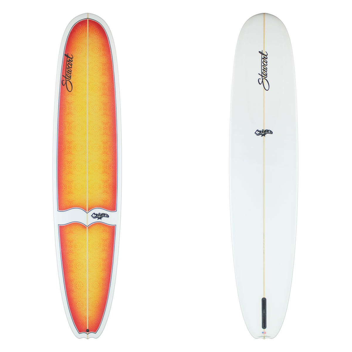 Deck and bottom view of Stewart Bird with a white bottom and a orange/yellow floral deck + black pinlines