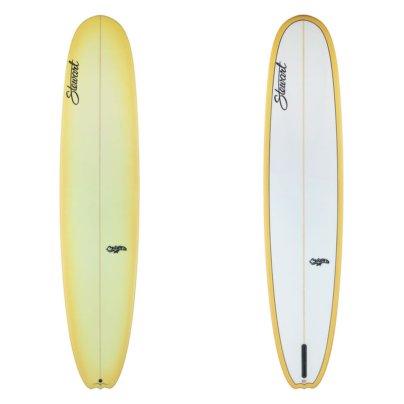 Stewart Longboard 9'0" Bird (9'0", 23", 3") B#129913 Light orange resin tint on deck to rail wrap. Clear bottom. Black stewart and Bird logos. Sand Only.