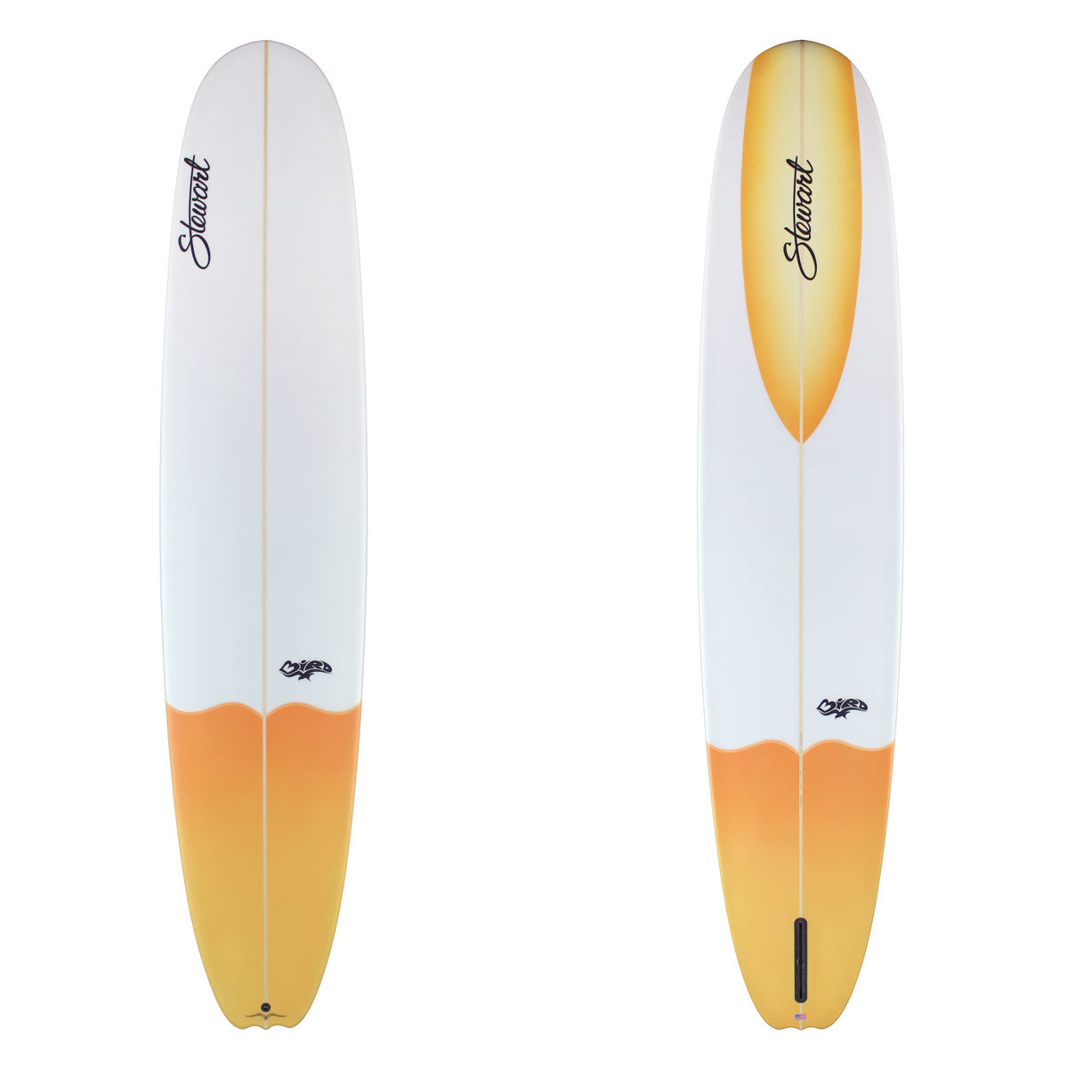 Stewart Longboard 9'4" Bird (9'4", 23 1/2", 3 1/4") B#129938 Orange to light orange tail dip fade. Orange to light orange fade on nose spoon on bottom. Clear deck and bottom above tail dip. Black Stewart and Bird logo. Sand Only.