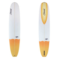Stewart Longboard 9'4" Bird (9'4", 23 1/2", 3 1/4") B#129938 Orange to light orange tail dip fade. Orange to light orange fade on nose spoon on bottom. Clear deck and bottom above tail dip. Black Stewart and Bird logo. Sand Only.