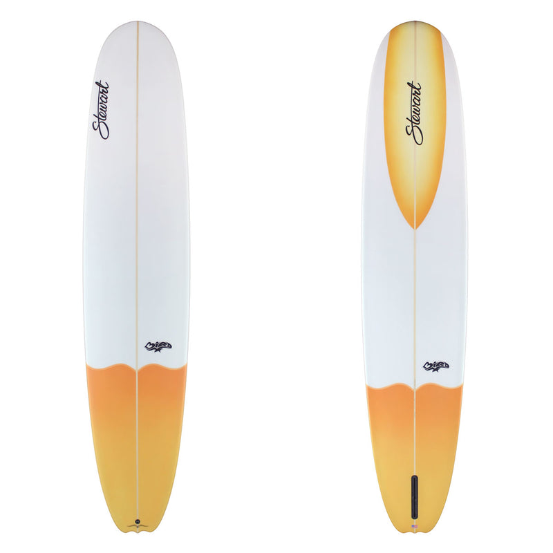 Stewart Longboard 9'4" Bird (9'4", 23 1/2", 3 1/4") B#129938 Orange to light orange tail dip fade. Orange to light orange fade on nose spoon on bottom. Clear deck and bottom above tail dip. Black Stewart and Bird logo. Sand Only.