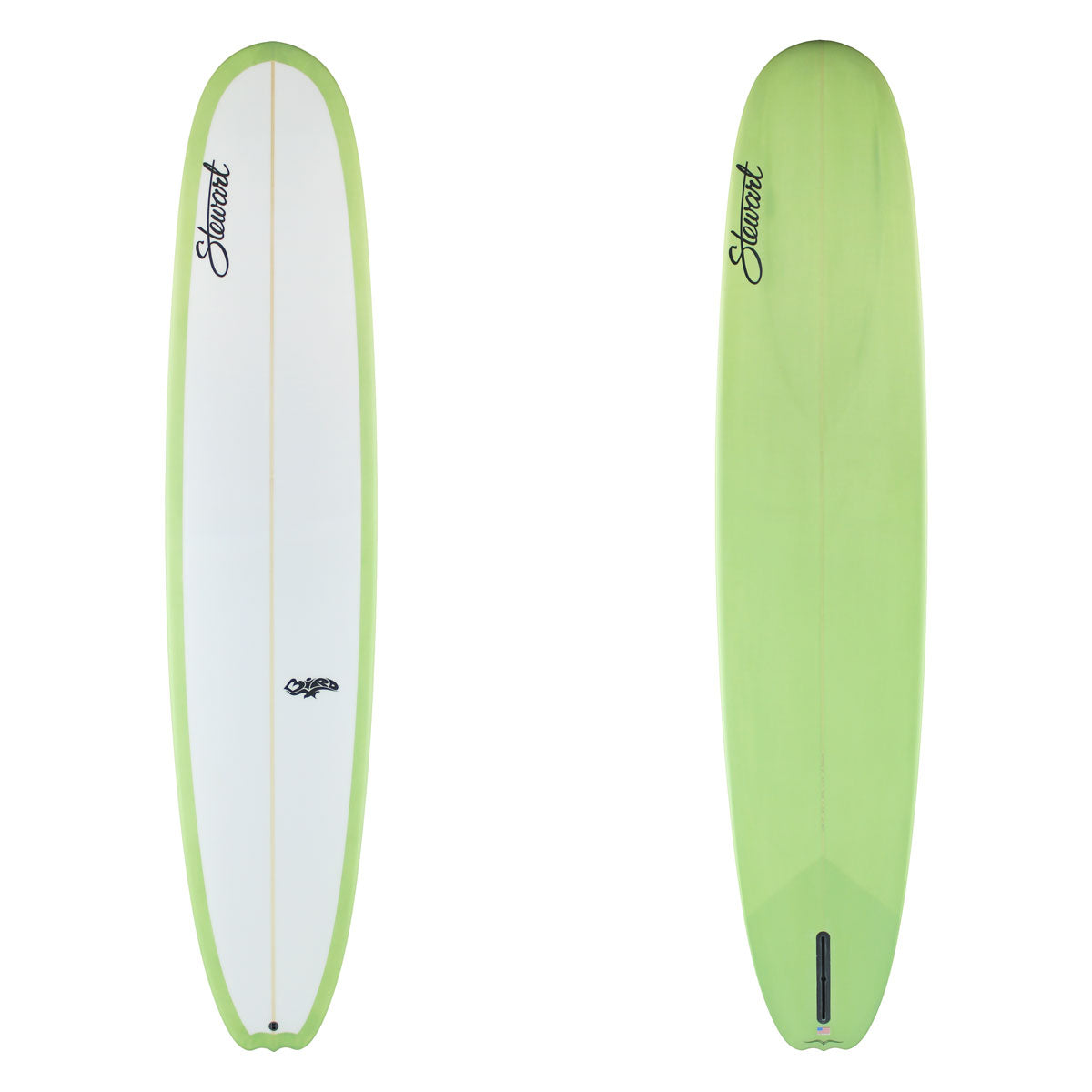 Deck and bottom view of a Stewart Bird with a green tint on the bottom wrapped around to the rails on the deck