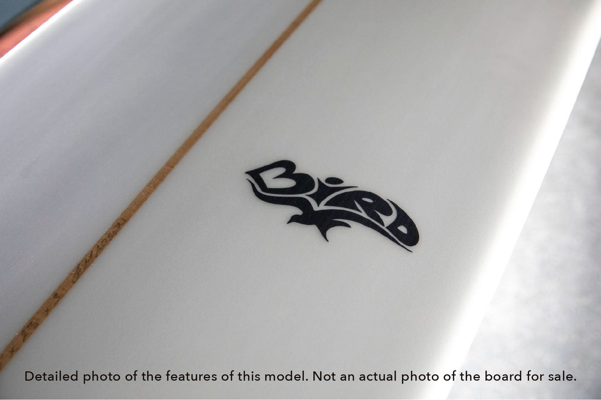 detail of the rails and logo on the Bird single fin longboard