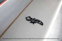 detail of the rails and logo on the Bird single fin longboard