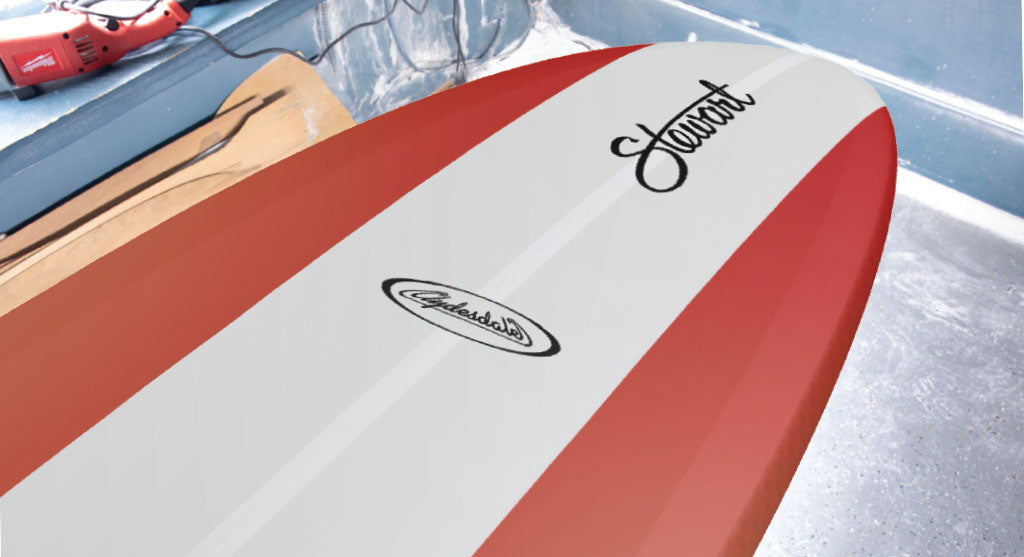 detail view of the bottom of the Stewart HydroCush Clydesdale longboard soft top surfboard with grey, white, and red stripes