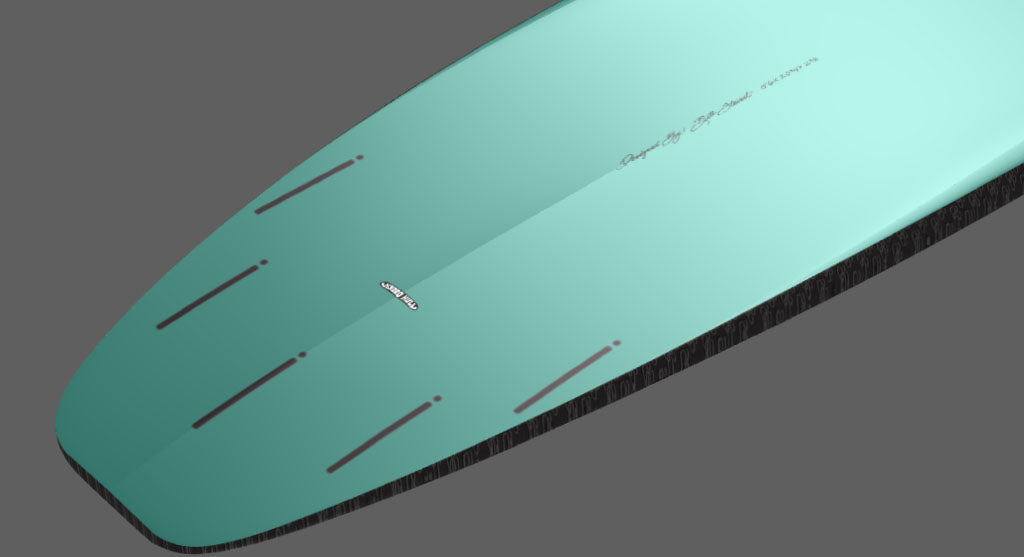 detail view of the emerald green tail and black fin boxes on the Stewart HydroCush Fartknocker SBD alternative shortboard soft top surfboard